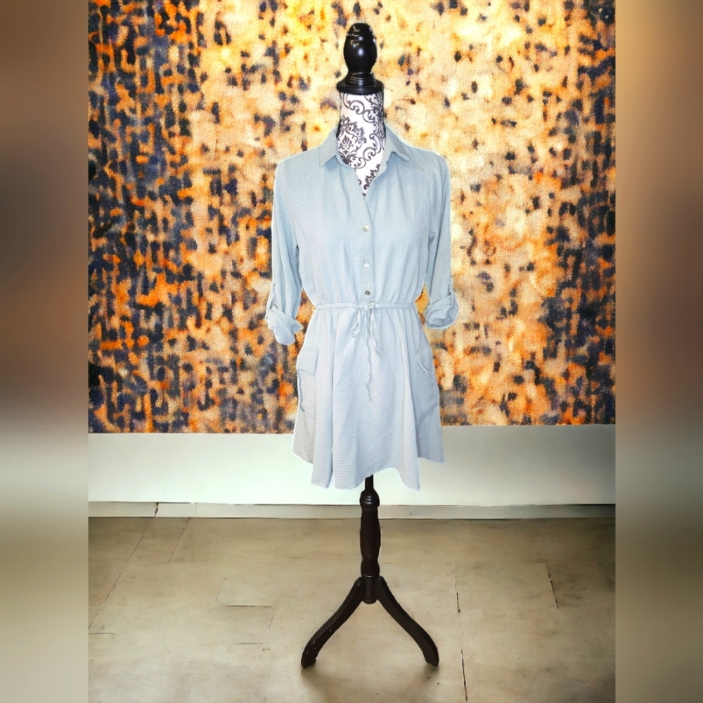 No Comment Collared Drawstring Waist Button Up Casual Dress Size L in Mint